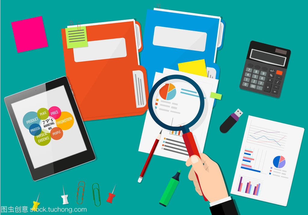 手拿放大鏡,財(cái)務(wù)報(bào)告的分析。金融審計(jì)的概念。審計(jì)稅務(wù)處理。市場營銷組合